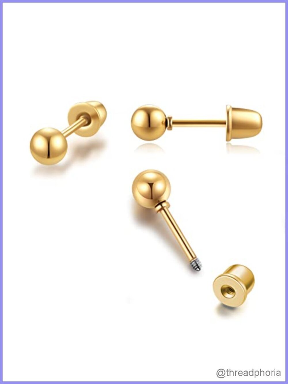 Screw Back Ball Stud Earrings 14K Gold Plated Stainless Steel 20G
